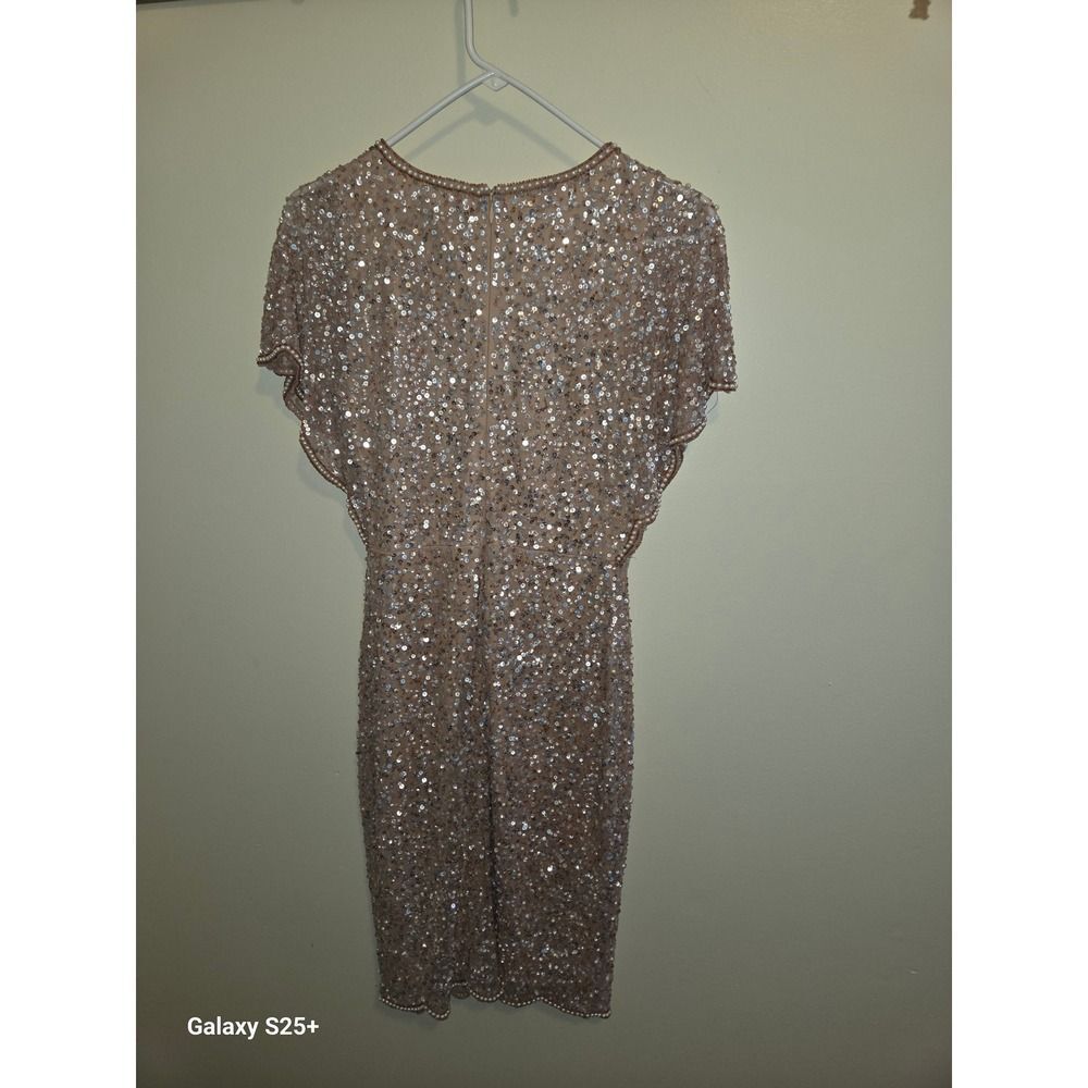 Adrianna Papell Women Pink Sequin Bead Pearl Scallop Hem Sheath Dress Size 4 NEW - Picture 2 of 5